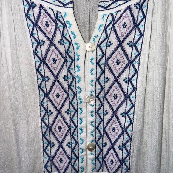 J Jill white linen button down top shirt with blue embroidery size small - Picture 4 of 8